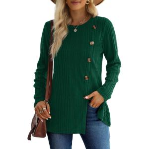 XIEERDUO Long Sleeve Tops for Women Tunics Buttons Front Slit(C- Dark Green)