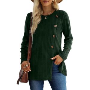 XIEERDUO Long Sleeve Tops for Women Tunics Buttons Front Slit(E- Army Green)