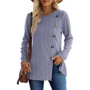 XIEERDUO Long Sleeve Tops for Women Tunics Buttons Front Slit(E- Blue Purple)