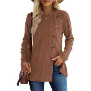 XIEERDUO Long Sleeve Tops for Women Tunics Buttons Front Slit(E- Brown)