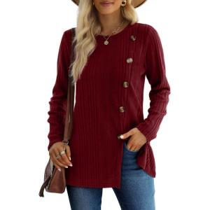 XIEERDUO Long Sleeve Tops for Women Tunics Buttons Front Slit(E- Burgundy)