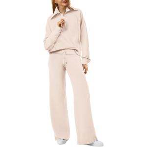 XIEERDUO Lounge Sets For Women 2025 Half Zip Sweatshirt And Wide Leg Sweatpant 2 Piece Outfits Sweatsuit Tracksuit(06-apricot)