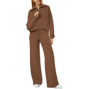 XIEERDUO Lounge Sets For Women 2025 Half Zip Sweatshirt And Wide Leg Sweatpant 2 Piece Outfits Sweatsuit Tracksuit(09-brown)