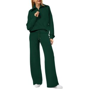 XIEERDUO Lounge Sets For Women 2025 Half Zip Sweatshirt And Wide Leg Sweatpant 2 Piece Outfits Sweatsuit Tracksuit(10-deep Green)