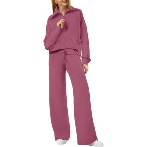 XIEERDUO Lounge Sets For Women 2025 Half Zip Sweatshirt And Wide Leg Sweatpant 2 Piece Outfits Sweatsuit Tracksuit(13-carmine)