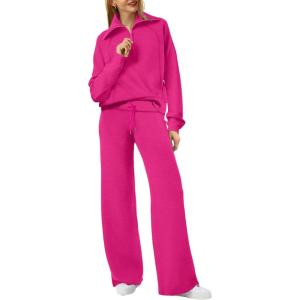 XIEERDUO Lounge Sets For Women 2025 Half Zip Sweatshirt And Wide Leg Sweatpant 2 Piece Outfits Sweatsuit Tracksuit(17-pink)