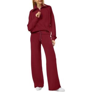 XIEERDUO Lounge Sets For Women 2025 Half Zip Sweatshirt And Wide Leg Sweatpant 2 Piece Outfits Sweatsuit Tracksuit(18-wine Red)