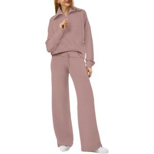 XIEERDUO Lounge Sets For Women 2025 Half Zip Sweatshirt And Wide Leg Sweatpant 2 Piece Outfits Sweatsuit Tracksuit(22-pink)