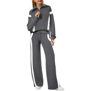 XIEERDUO Lounge Sets For Women 2025 Half Zip Sweatshirt And Wide Leg Sweatpant 2 Piece Outfits Sweatsuit Tracksuit(Color Block Dimgray)