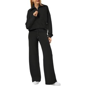 XIEERDUO Lounge Sets For Women 2025 Half Zip Sweatshirt And Wide Leg Sweatpant 2 Piece Outfits Sweatsuit Tracksuit(Kangaroo-black)