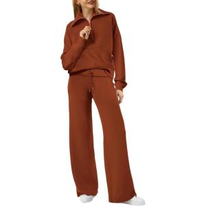 XIEERDUO Lounge Sets For Women 2025 Half Zip Sweatshirt And Wide Leg Sweatpant 2 Piece Outfits Sweatsuit Tracksuit(Kangaroo-brown)
