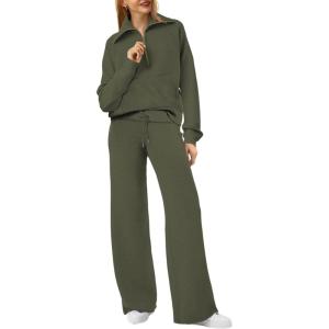 XIEERDUO Lounge Sets For Women 2025 Half Zip Sweatshirt And Wide Leg Sweatpant 2 Piece Outfits Sweatsuit Tracksuit(Kangaroo-dark Green)