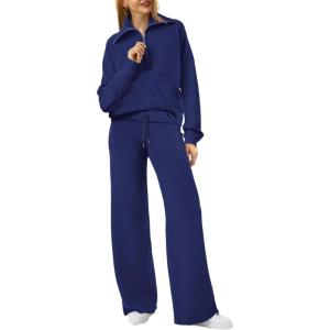 XIEERDUO Lounge Sets For Women 2025 Half Zip Sweatshirt And Wide Leg Sweatpant 2 Piece Outfits Sweatsuit Tracksuit(Kangaroo-navy Blue)