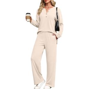 XIEERDUO Lounge Sets for Women 2 Piece V Neck Button Matching Sweatsuit Loungewear Fall Outfits Fashion Clothing Pajamas(Apricot)