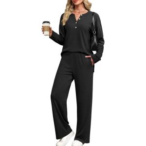XIEERDUO Lounge Sets for Women 2 Piece V Neck Button Matching Sweatsuit Loungewear Fall Outfits Fashion Clothing Pajamas(Black)