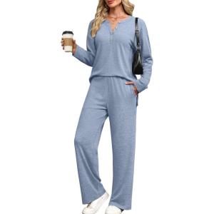 XIEERDUO Lounge Sets for Women 2 Piece V Neck Button Matching Sweatsuit Loungewear Fall Outfits Fashion Clothing Pajamas(Blue)