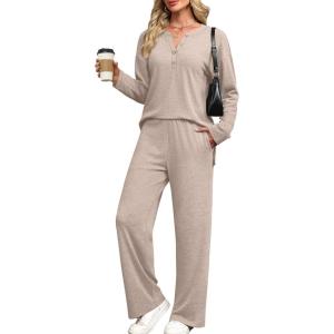 XIEERDUO Lounge Sets for Women 2 Piece V Neck Button Matching Sweatsuit Loungewear Fall Outfits Fashion Clothing Pajamas(Khaki)