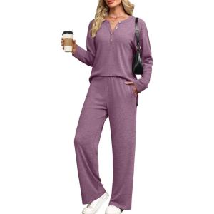 XIEERDUO Lounge Sets for Women 2 Piece V Neck Button Matching Sweatsuit Loungewear Fall Outfits Fashion Clothing Pajamas(Purple Red)