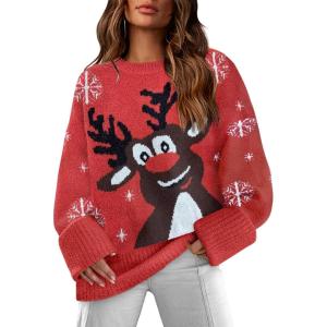 XIEERDUO Oversized Sweaters for Women Crewneck Long Sleeve Fuzzy Knit Warm Pullover Sweater(Ba-christmas Elk)