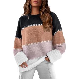XIEERDUO Oversized Sweaters for Women Crewneck Long Sleeve Fuzzy Knit Warm Pullover Sweater(Bb-color Block-1)