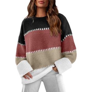 XIEERDUO Oversized Sweaters for Women Crewneck Long Sleeve Fuzzy Knit Warm Pullover Sweater(Bb-color Block-3)