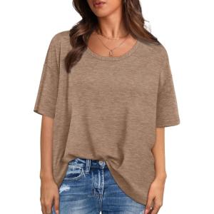 XIEERDUO Oversized T Shirts for Women Summer Short Sleeve Tops Loose Scook Neck(Brown)