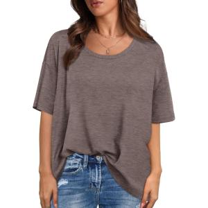 XIEERDUO Oversized T Shirts for Women Summer Short Sleeve Tops Loose Scook Neck(Browngrey)