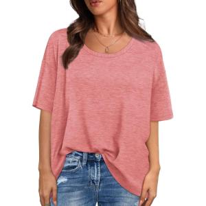 XIEERDUO Oversized T Shirts for Women Summer Short Sleeve Tops Loose Scook Neck(Coral)
