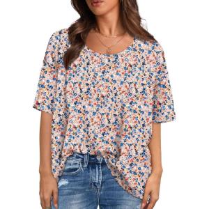 XIEERDUO Oversized T Shirts for Women Summer Short Sleeve Tops Loose Scook Neck(Flower)
