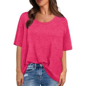 XIEERDUO Oversized T Shirts for Women Summer Short Sleeve Tops Loose Scook Neck(Hot Pink)