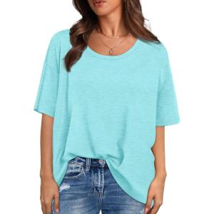 XIEERDUO Oversized T Shirts for Women Summer Short Sleeve Tops Loose Scook Neck(Lake Green)