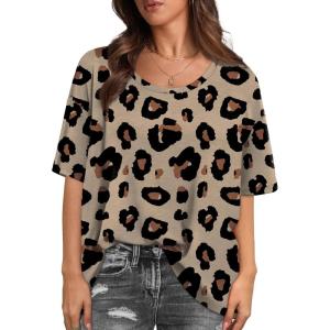 XIEERDUO Oversized T Shirts for Women Summer Short Sleeve Tops Loose Scook Neck(Leopard)