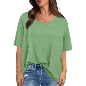 XIEERDUO Oversized T Shirts for Women Summer Short Sleeve Tops Loose Scook Neck(Lightgreen)