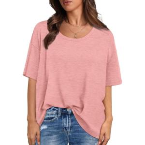 XIEERDUO Oversized T Shirts for Women Summer Short Sleeve Tops Loose Scook Neck(Pink)