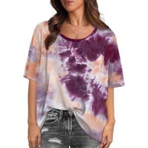 XIEERDUO Oversized T Shirts for Women Summer Short Sleeve Tops Loose Scook Neck(Tie Dye Purple)