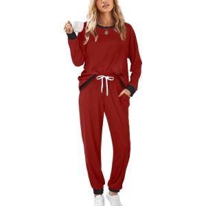 XIEERDUO Pajamas For Women Long Sleeve Crew Neck With Pockets Tie Dye Leopard Plaid Lounge Sets Two Piece Outfits Pj Set(06-wine)