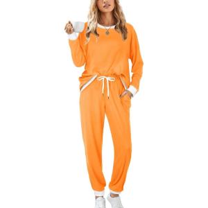 XIEERDUO Pajamas For Women Long Sleeve Crew Neck With Pockets Tie Dye Leopard Plaid Lounge Sets Two Piece Outfits Pj Set(07-orange)