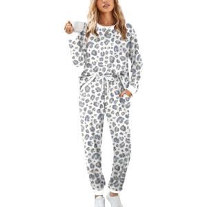 XIEERDUO Pajamas For Women Long Sleeve Crew Neck With Pockets Tie Dye Leopard Plaid Lounge Sets Two Piece Outfits Pj Set(11-white Leopard)