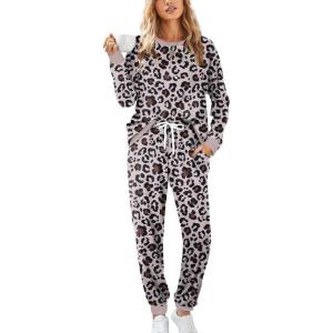 XIEERDUO Pajamas For Women Long Sleeve Crew Neck With Pockets Tie Dye Leopard Plaid Lounge Sets Two Piece Outfits Pj Set(12-pink Leopard)