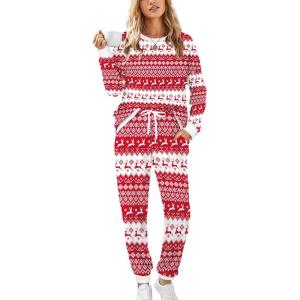 XIEERDUO Pajamas For Women Long Sleeve Crew Neck With Pockets Tie Dye Leopard Plaid Lounge Sets Two Piece Outfits Pj Set(24-red Deer)