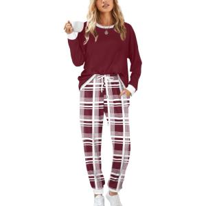 XIEERDUO Pajamas For Women Long Sleeve Crew Neck With Pockets Tie Dye Leopard Plaid Lounge Sets Two Piece Outfits Pj Set(25-mix Red)