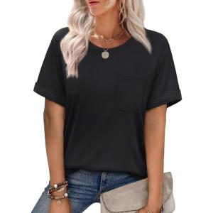XIEERDUO Summer Tops for Women Casual Crewneck Short Sleeve Shirts Pocket Comfy(Black)