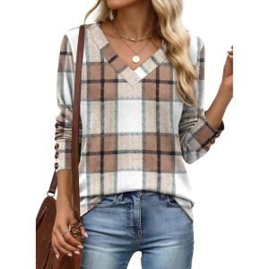 XIEERDUO Thermal Fall Outfits 2025 Dressy Casual Womens Sweater Fashion Clothing V Neck Tunic Tops(Grid)