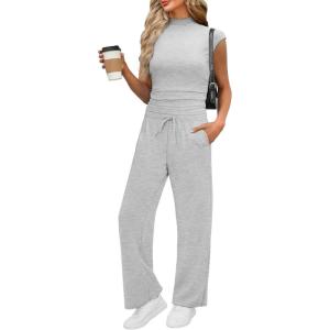XIEERDUO Two Piece Lounge Sets for Women Mock Neck Cap Sleeve Tops Wide Leg Casual Pants Summer Beach Vacation Travel Outfit(Grey)