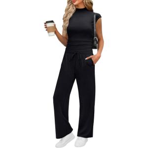 XIEERDUO Two Piece Matching Lounge Sets Women Clothing Travel Airport Summer Outfits Resort Wear 2025 High Neck Cap Sleeve Tops Wide Leg Pants Business Casual Sets Beach Vacation Fashion Black S