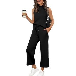 XIEERDUO Two Piece Sets for Women Summer Lounge Sets Beach Vacation Travel Outfits Casual Wide Leg Pants Matching Sets(0-black)