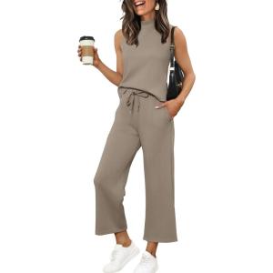 XIEERDUO Two Piece Sets for Women Summer Lounge Sets Beach Vacation Travel Outfits Casual Wide Leg Pants Matching Sets(1-coffee)