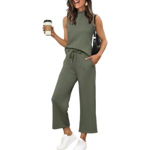 XIEERDUO Two Piece Sets for Women Summer Lounge Sets Beach Vacation Travel Outfits Casual Wide Leg Pants Matching Sets(2-olive Green)