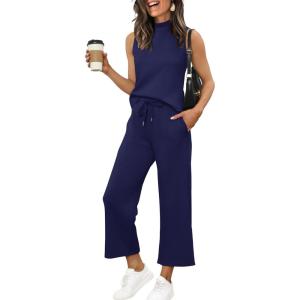 XIEERDUO Two Piece Sets for Women Summer Lounge Sets Beach Vacation Travel Outfits Casual Wide Leg Pants Matching Sets(3-dark Blue)