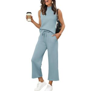 XIEERDUO Two Piece Sets for Women Summer Lounge Sets Beach Vacation Travel Outfits Casual Wide Leg Pants Matching Sets(4-lake Blue)